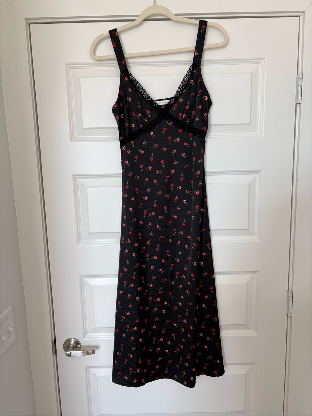 Black Floral Slip Dress with Red Rose Print